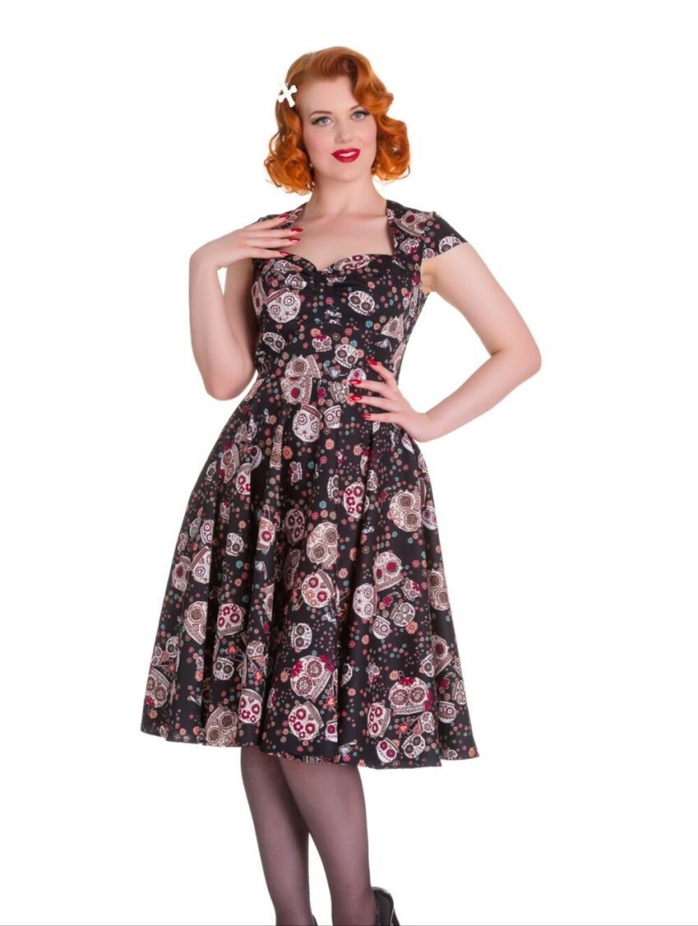 Hell Bunny Black Day of the Dead Skull Midi Dress with Cream & Burgundy Accents